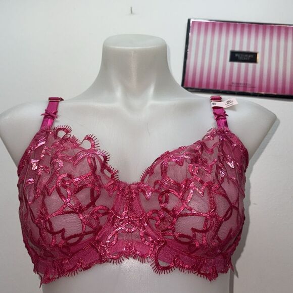 🔥Victoria's Secret Fuchsia Lace Bra and Panty Set Sz 36D // Large New - Picture 2 of 10